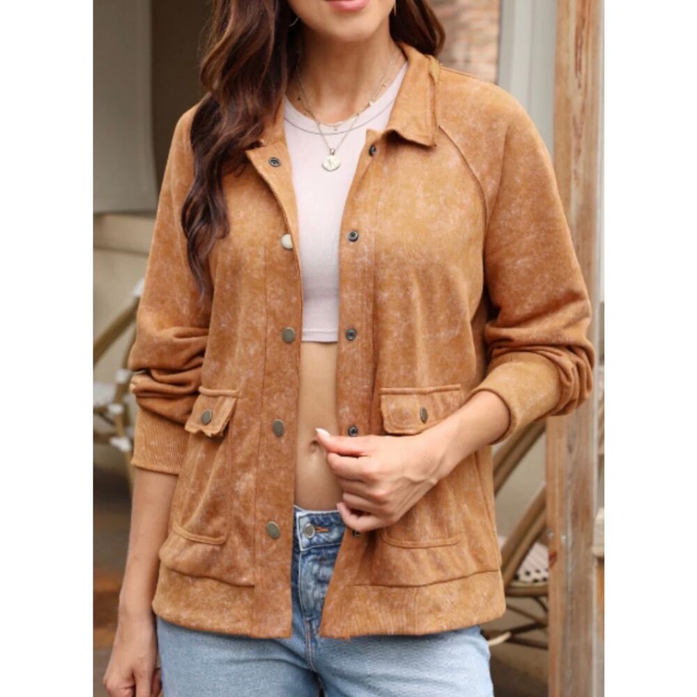 Boutique Brown Snap Down Flap Pocket Long Sleeve Shacket Size L